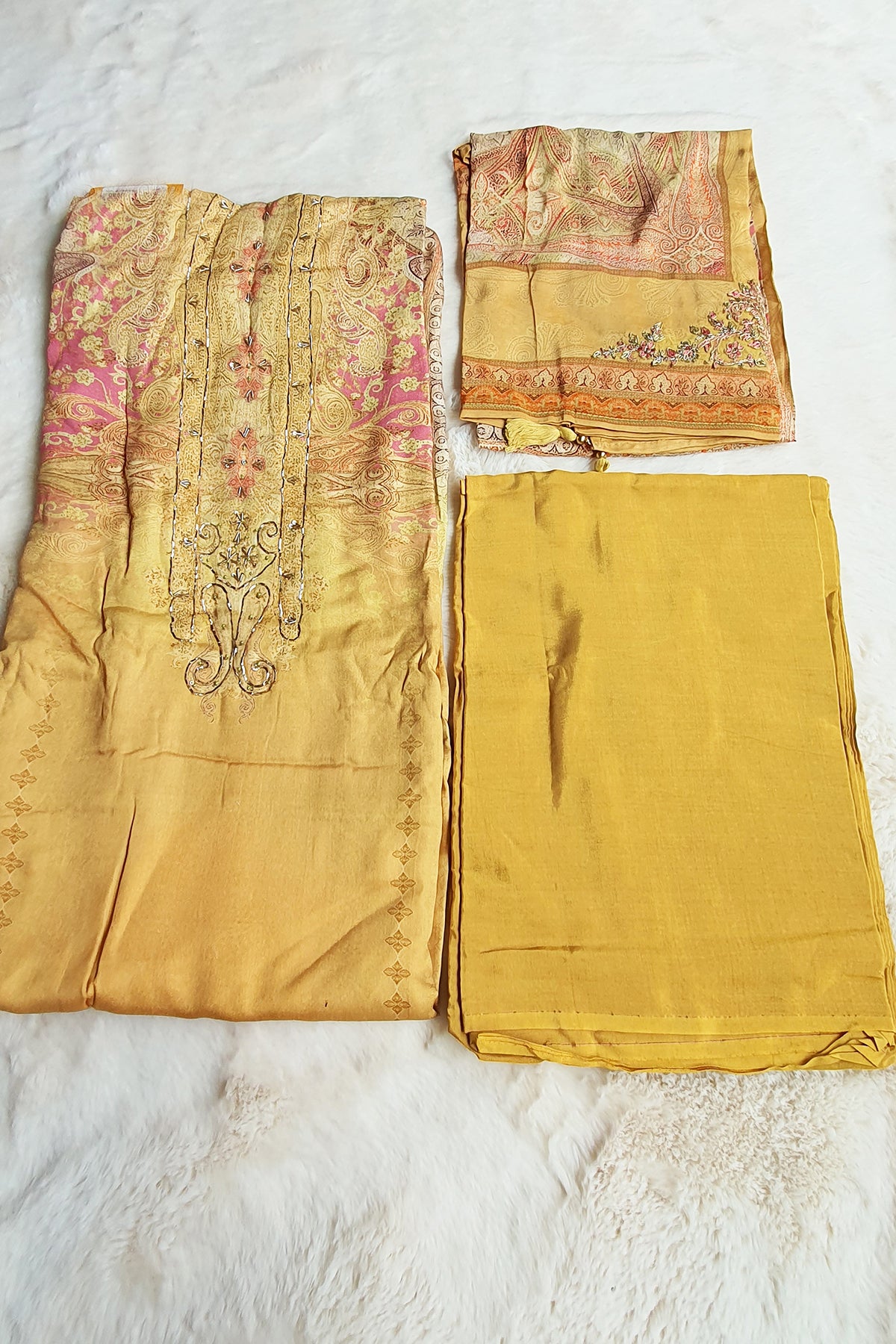 Mustard Modal Satin Printed & Lace Embroidered Unstitched Suit