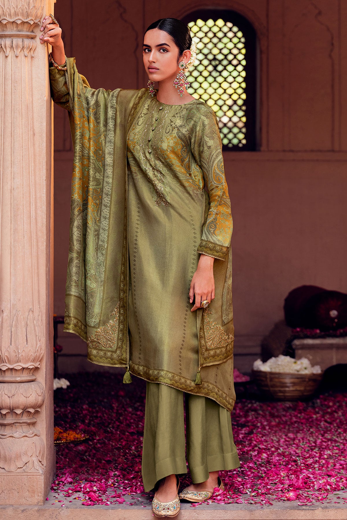 Mehandi Modal Satin Printed & Lace Embroidered Unstitched Suit