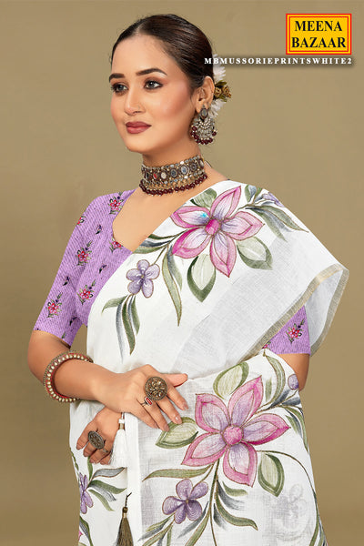 White Linen Cotton Blend Digital Print Floral Pattern Saree