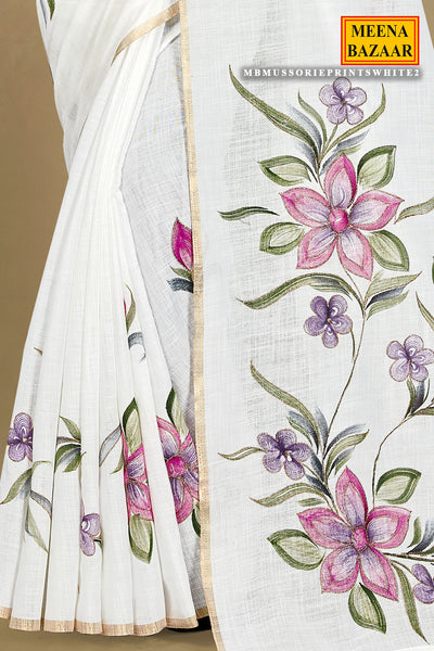 White Linen Cotton Blend Digital Print Floral Pattern Saree