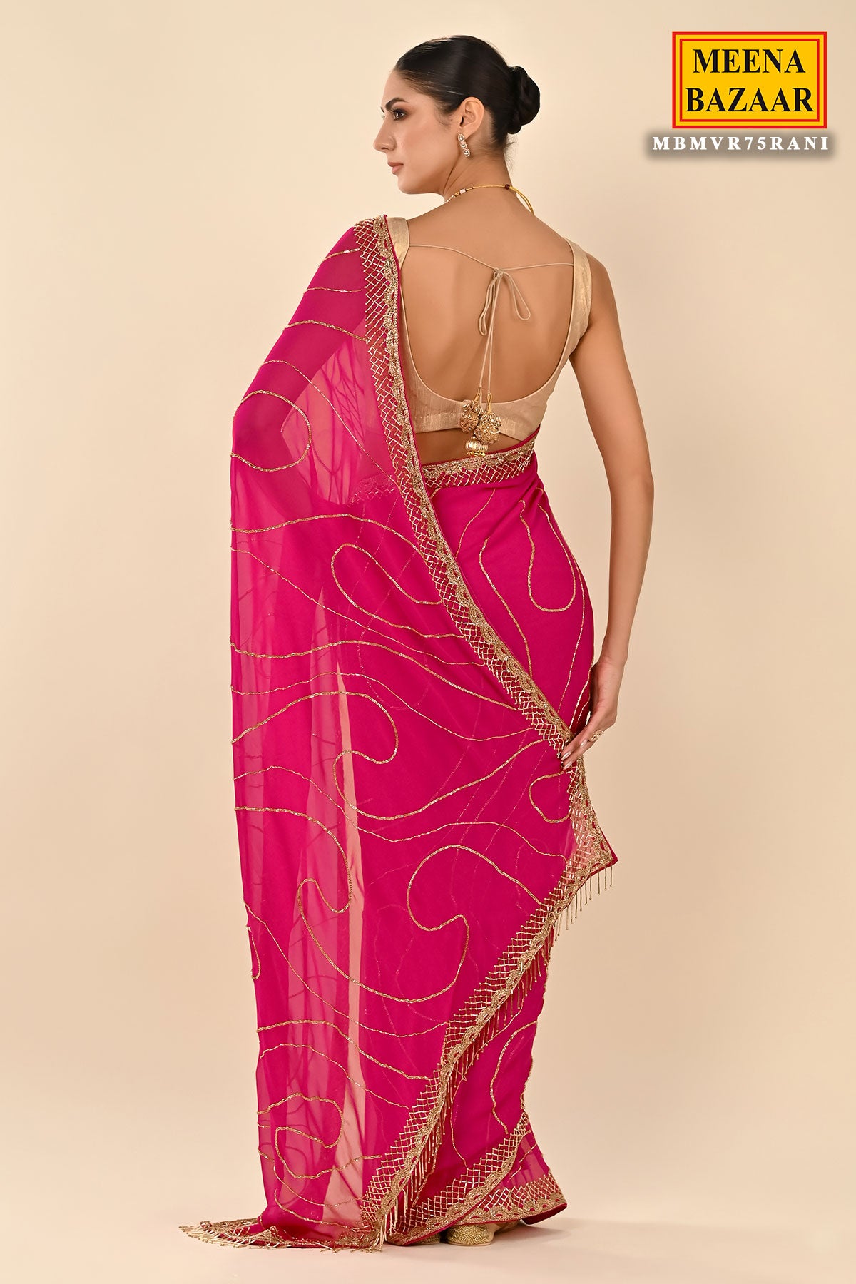 Rani Georgette Cutdana And Beads Embroidered Saree with Cutdana Tassels