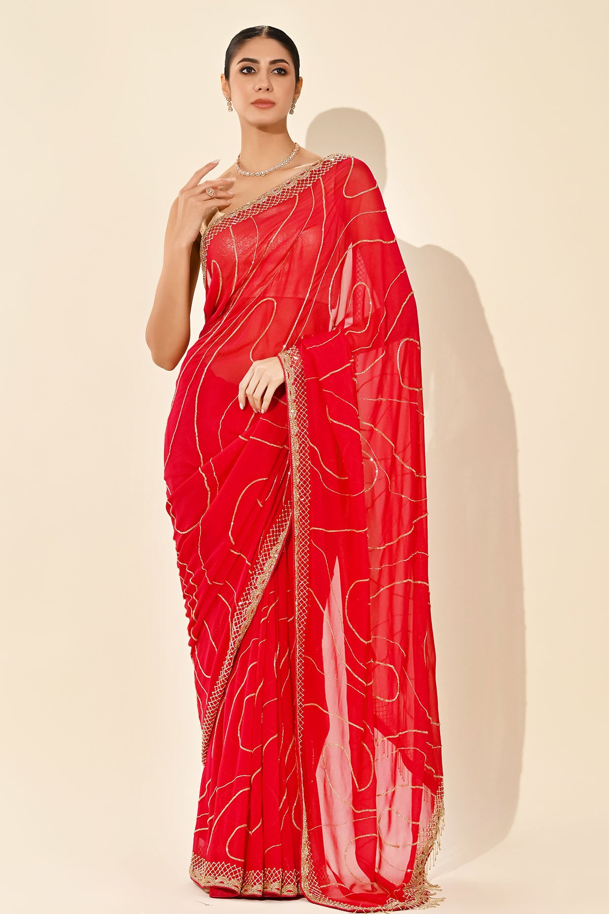 Red Georgette Cutdana And Beads Embroidered Saree with Cutdana Tassels