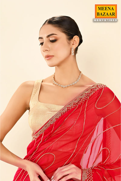 Red Georgette Cutdana And Beads Embroidered Saree with Cutdana Tassels