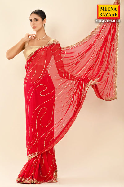 Red Georgette Cutdana And Beads Embroidered Saree with Cutdana Tassels