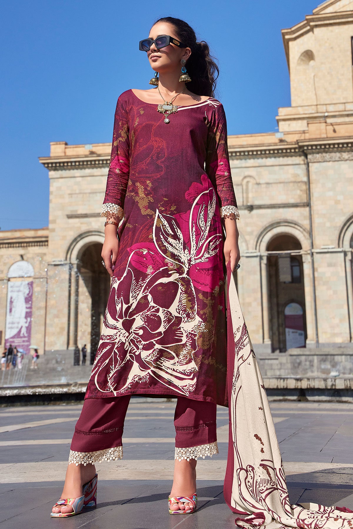 Wine Pashmina Floral Printed Suit Set