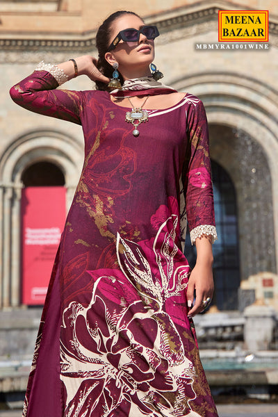 Wine Pashmina Floral Printed Suit Set