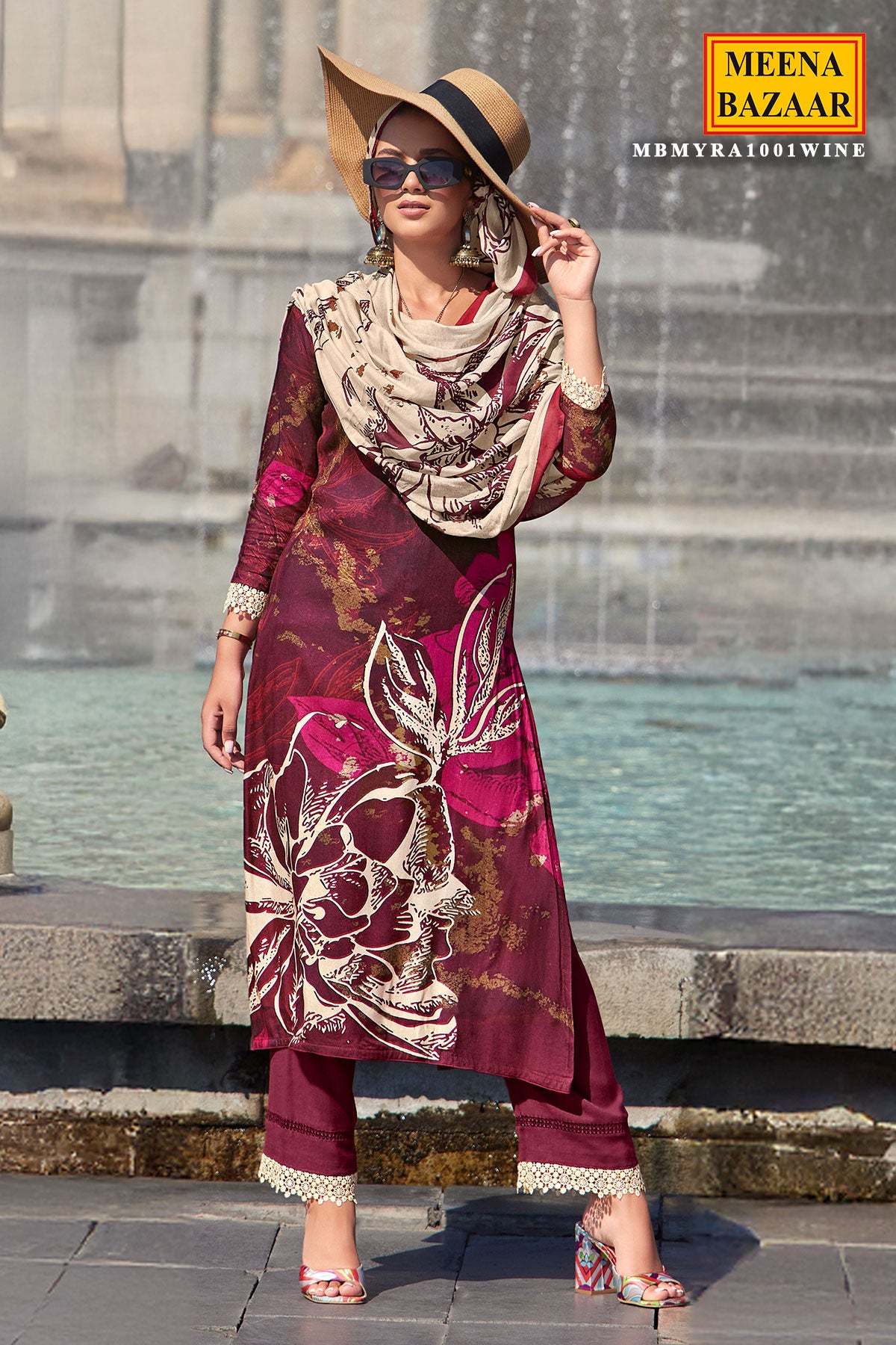 Wine Pashmina Floral Printed Suit Set