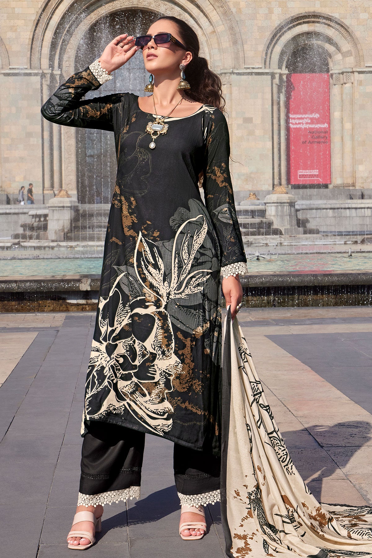 Grey and Black Pashmina Floral Printed Suit Set