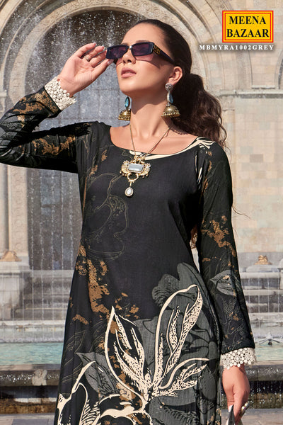 Grey and Black Pashmina Floral Printed Suit Set