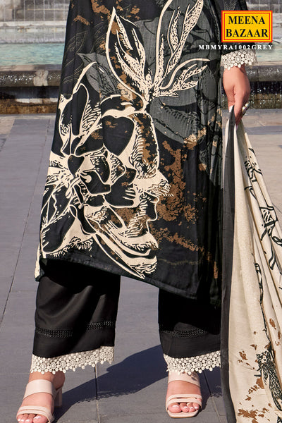 Grey and Black Pashmina Floral Printed Suit Set