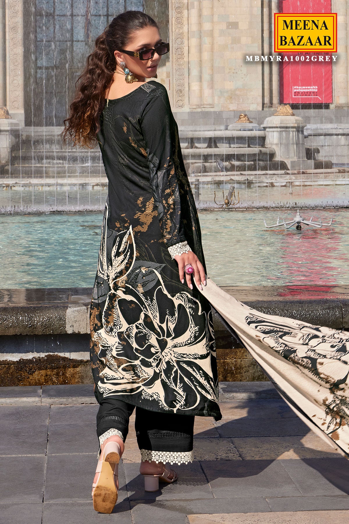 Grey and Black Pashmina Floral Printed Suit Set