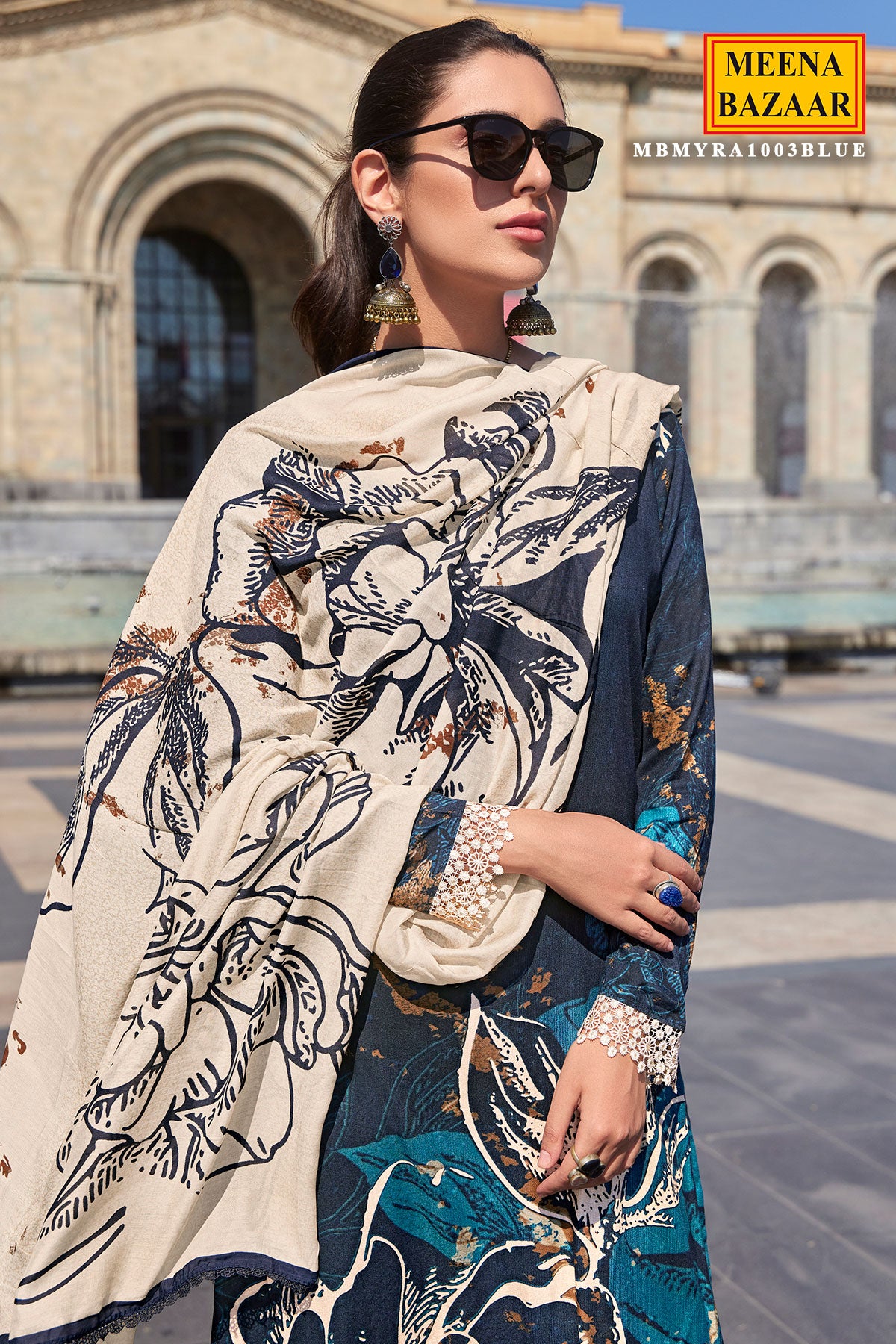 Blue Pashmina Floral Printed Suit Set