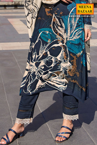 Blue Pashmina Floral Printed Suit Set