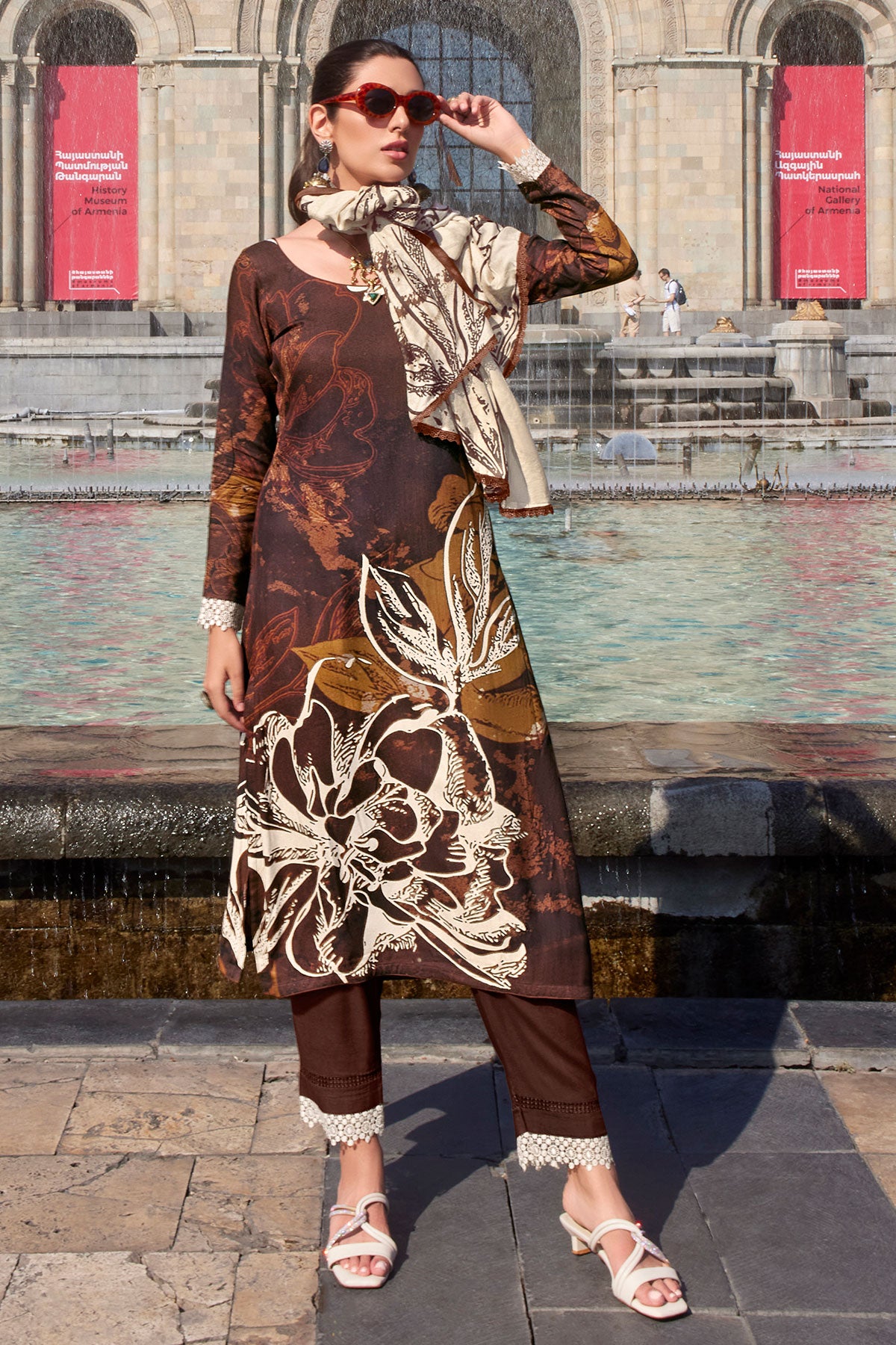 Brown Pashmina Floral Printed Suit Set