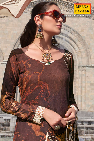 Brown Pashmina Floral Printed Suit Set