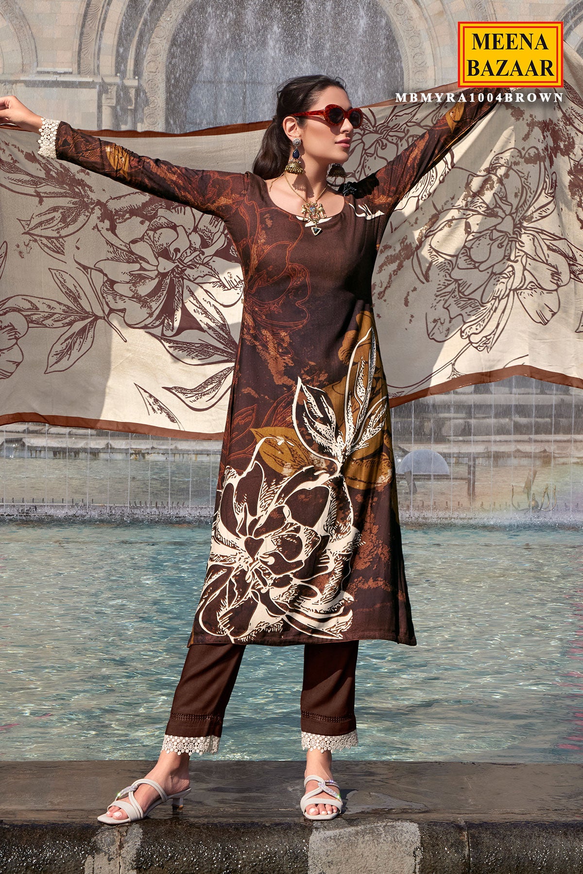 Brown Pashmina Floral Printed Suit Set