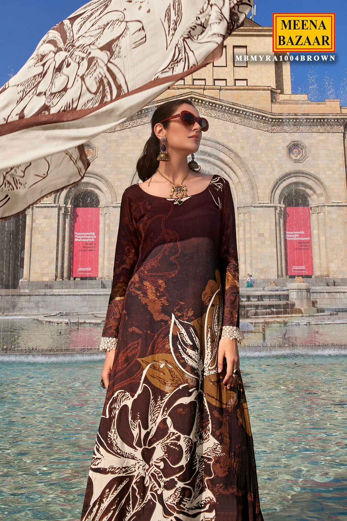 Brown Pashmina Floral Printed Suit Set