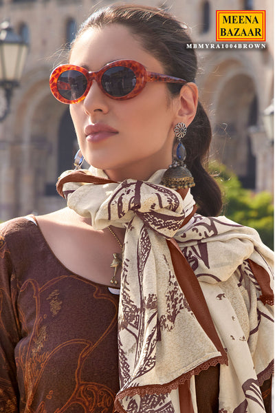 Brown Pashmina Floral Printed Suit Set