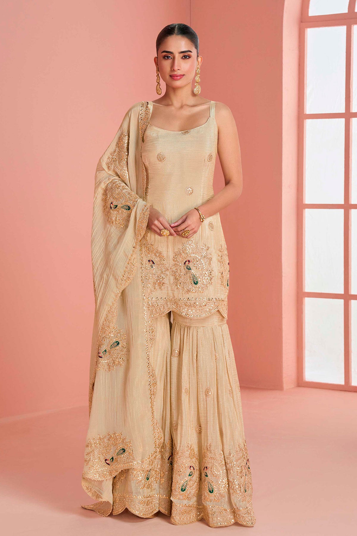 Crushed Tussar Silk Sharara Set Sharara Setith Aari & Gota Work Elegant Festive Ensemble Ready Made Suit