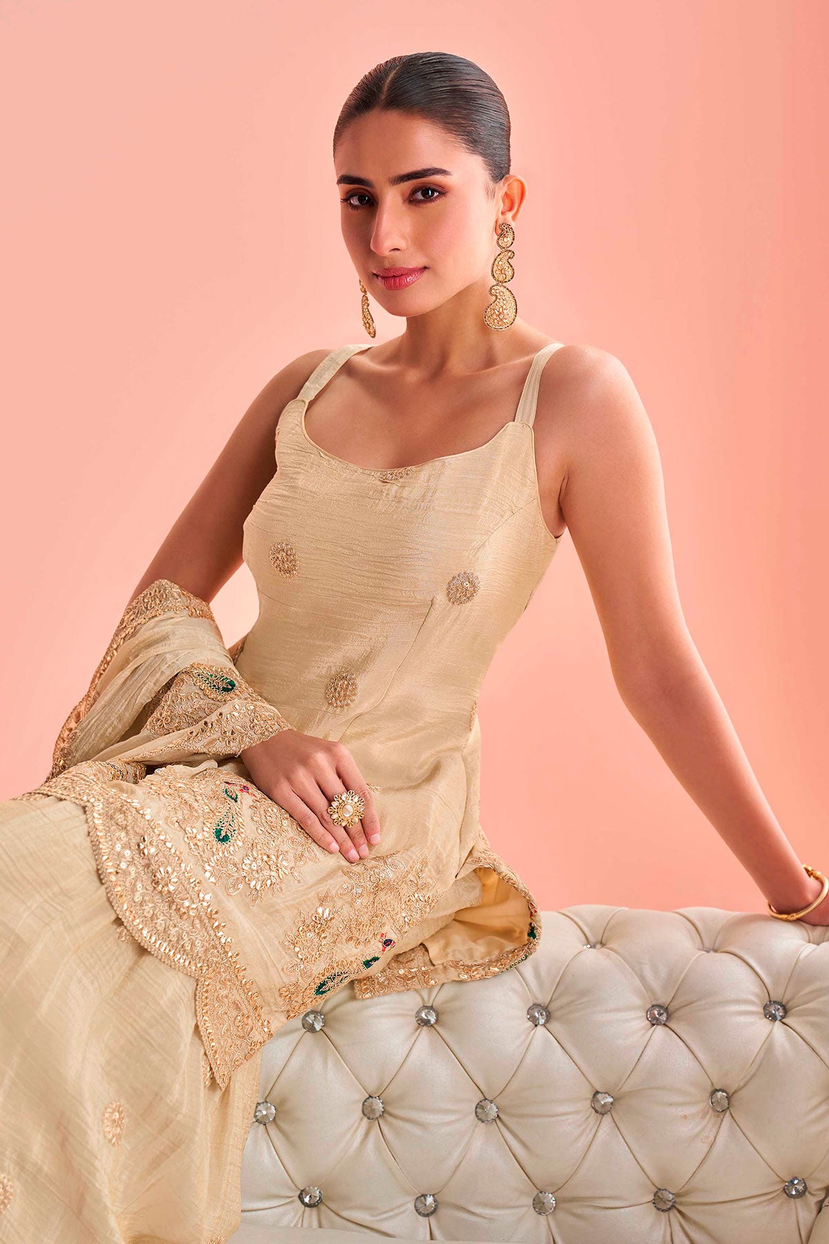 Crushed Tussar Silk Sharara Set Sharara Setith Aari & Gota Work Elegant Festive Ensemble Ready Made Suit