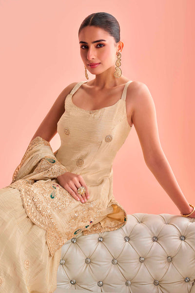 Crushed Tussar Silk Sharara Set Sharara Setith Aari & Gota Work Elegant Festive Ensemble Ready Made Suit