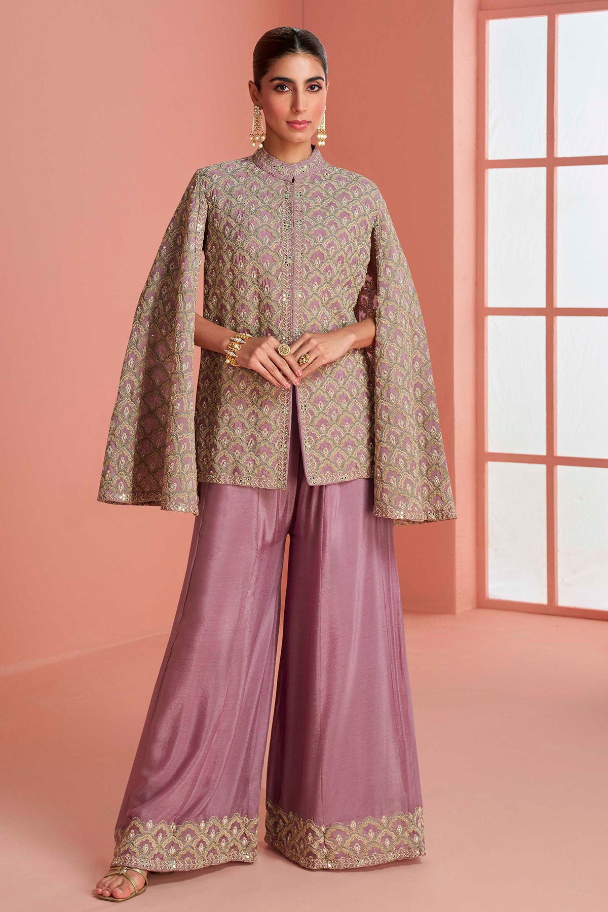 Mauve Silk Embroidered Cape Set Elegant Festive & Party Wear