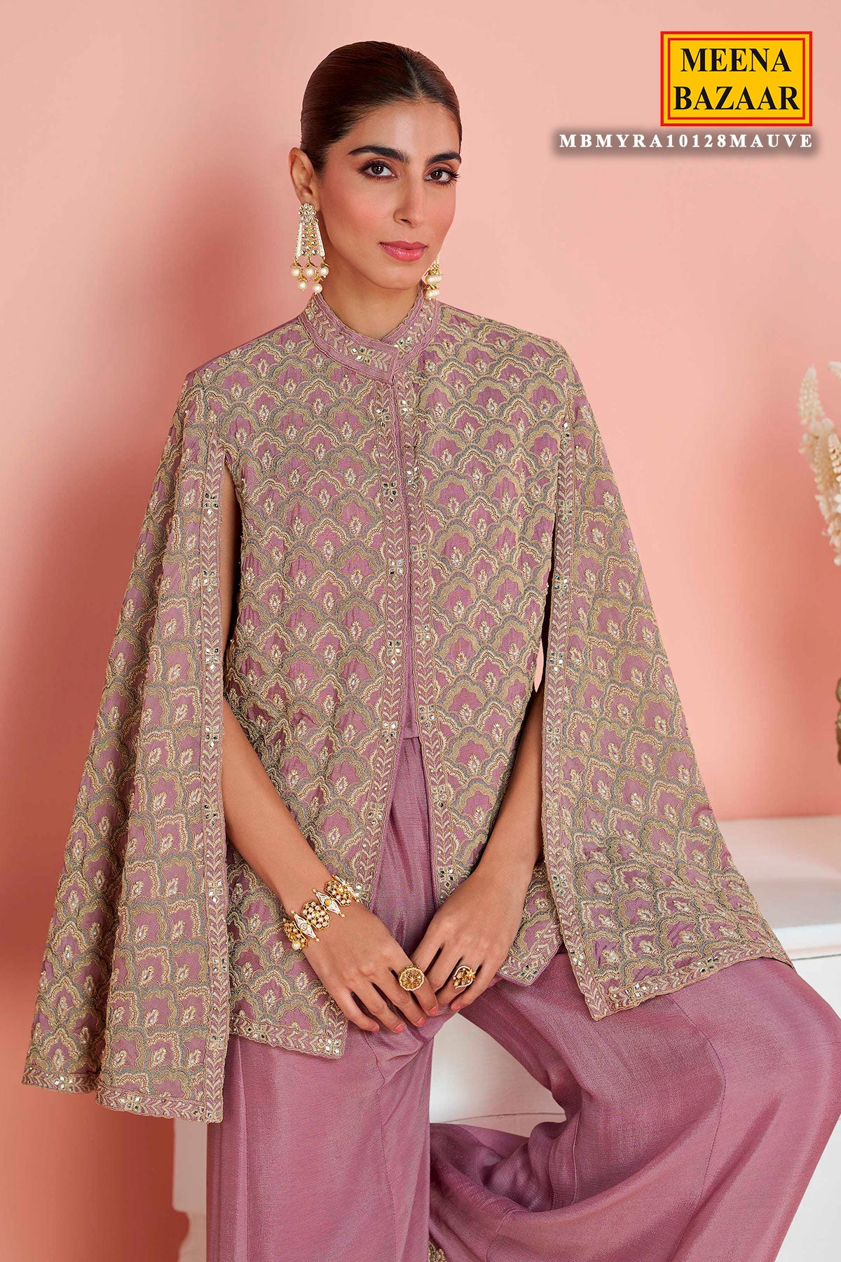 Mauve Silk Embroidered Cape Set Elegant Festive & Party Wear