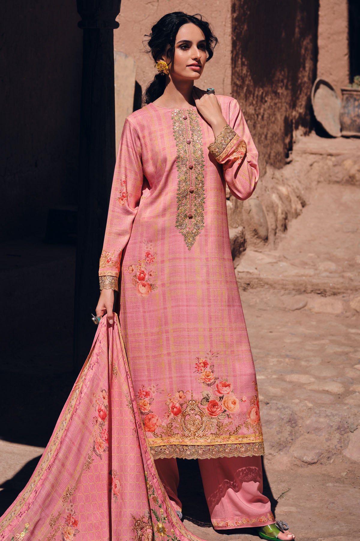 Pink Pashmina Floral Printed Floral Embroidered Suit Set