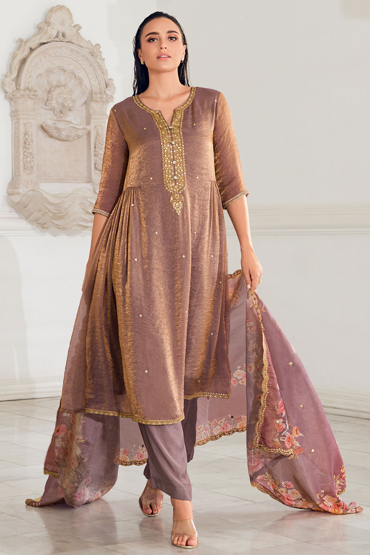 Brown Shimmer Crepe Sequin Embroidered Suit Set