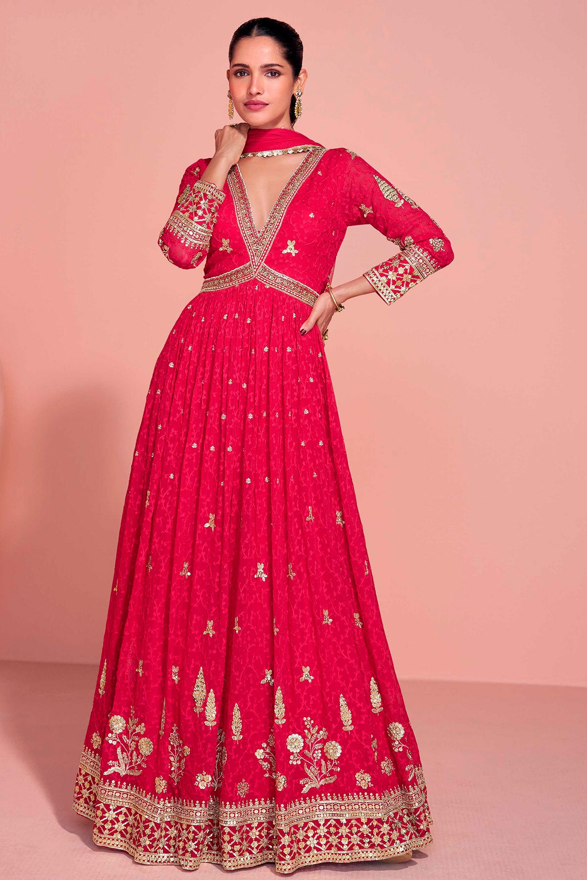 Rani Georgette Embroidered Floor Length Anarkali Gown with Dupatta Elegant Festive & Wedding Wear