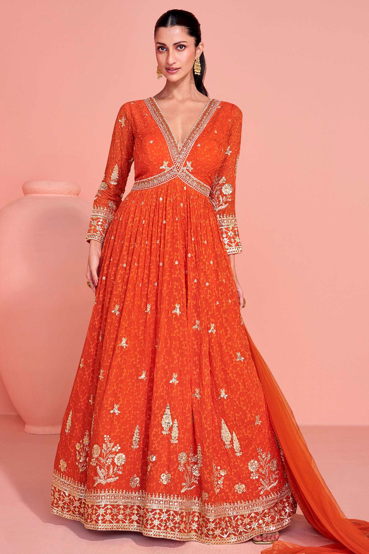 Orange Georgette Embroidered Floor Length Anarkali Gown with Dupatta Elegant Festive & Wedding Wear