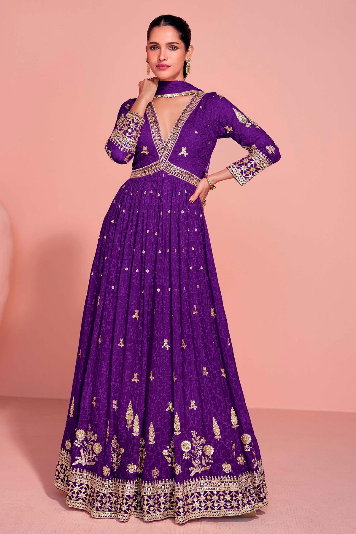 Purple Georgette Embroidered Floor Length Anarkali Gown with Dupatta Elegant Festive & Wedding Wear