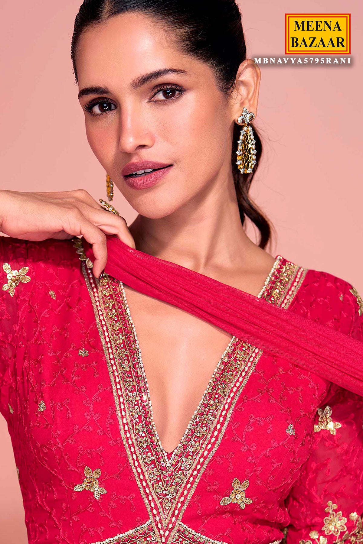 Rani Georgette Embroidered Floor Length Anarkali Gown with Dupatta Elegant Festive & Wedding Wear