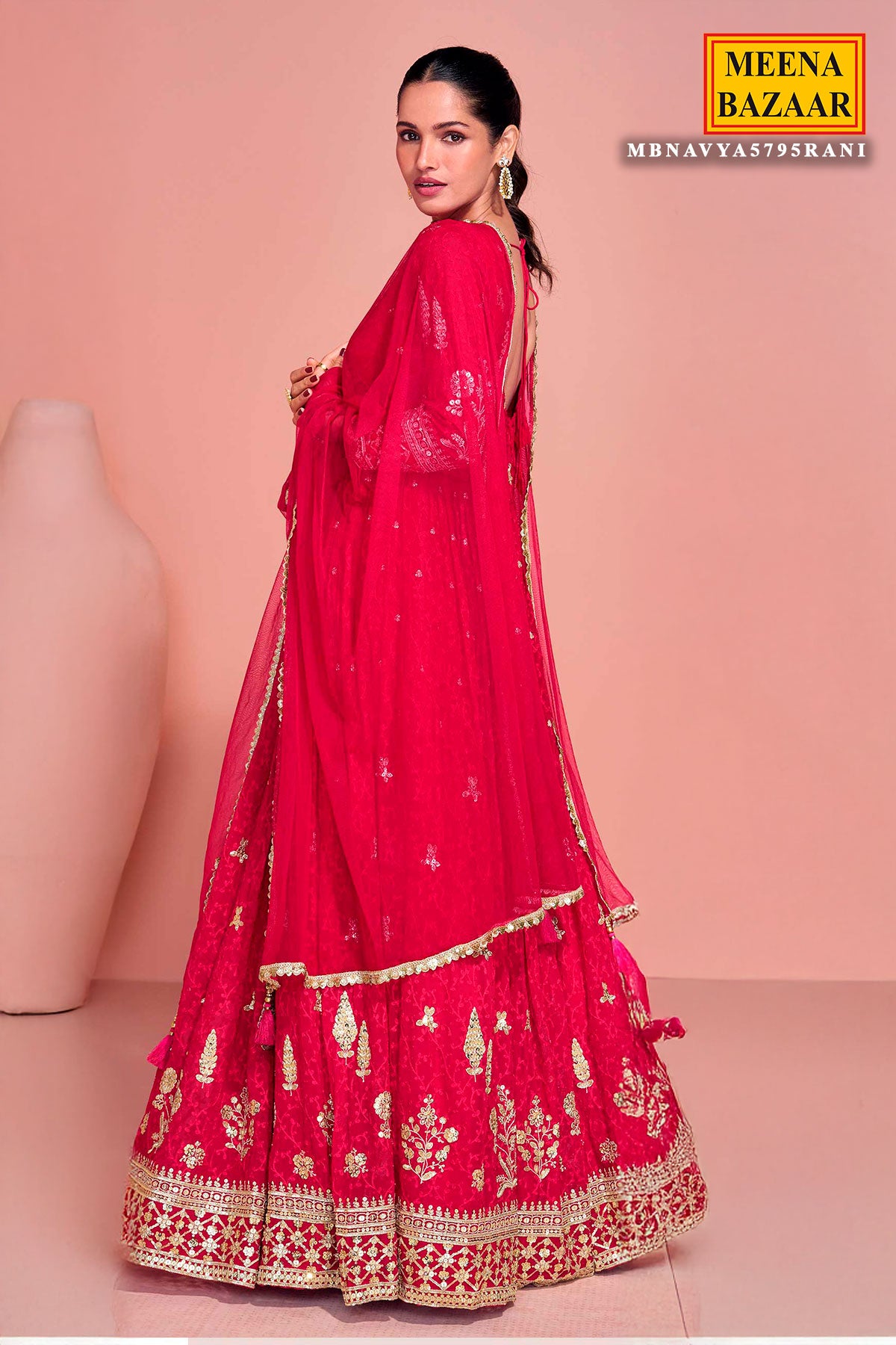 Rani Georgette Embroidered Floor Length Anarkali Gown with Dupatta Elegant Festive & Wedding Wear