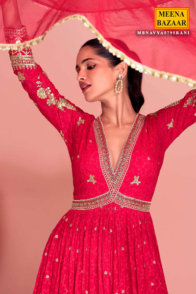 Rani Georgette Embroidered Floor Length Anarkali Gown with Dupatta Elegant Festive & Wedding Wear