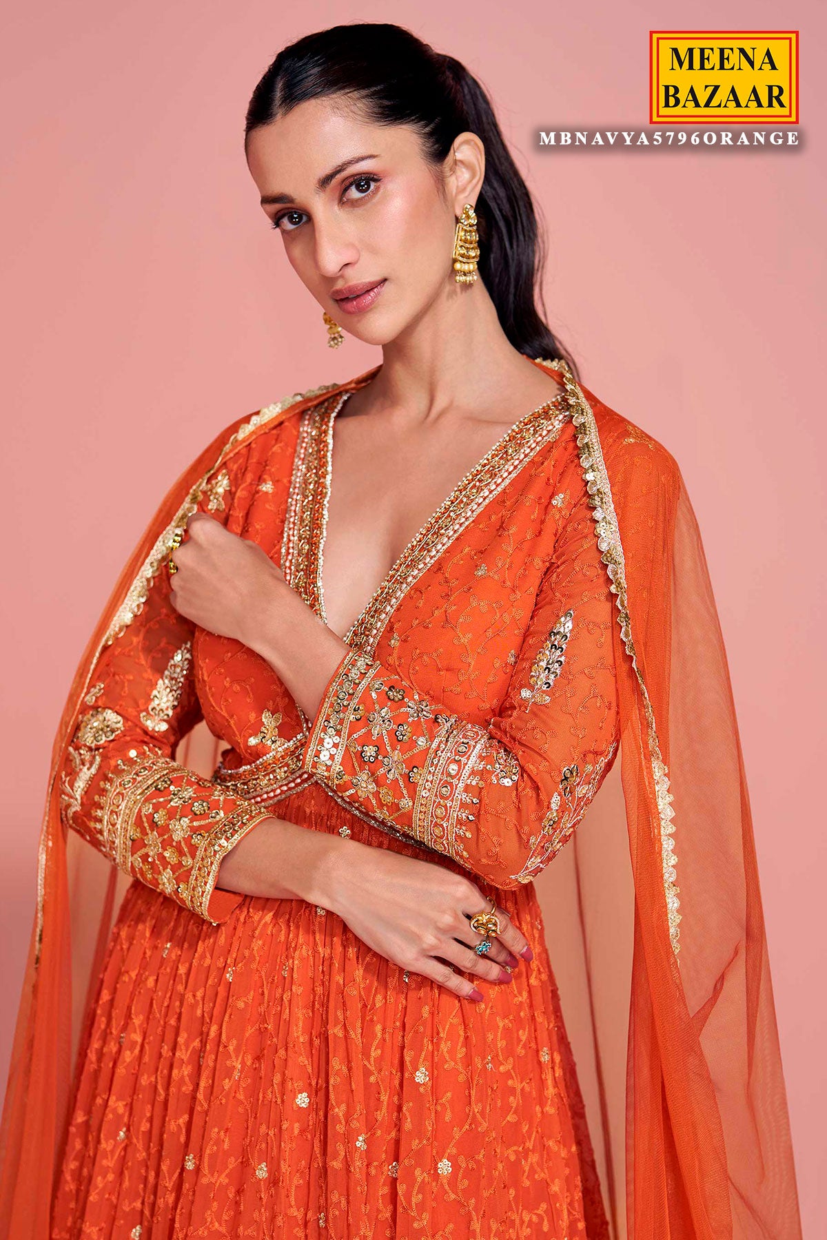 Orange Georgette Embroidered Floor Length Anarkali Gown with Dupatta Elegant Festive & Wedding Wear