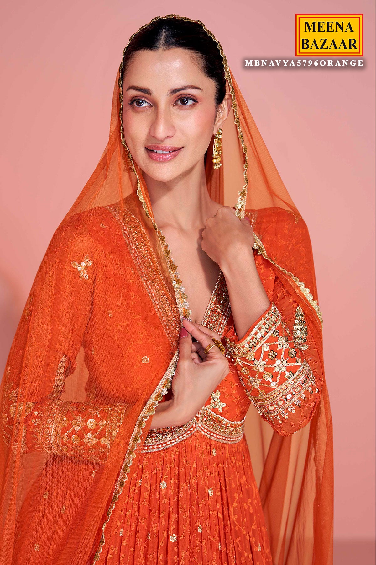 Orange Georgette Embroidered Floor Length Anarkali Gown with Dupatta Elegant Festive & Wedding Wear