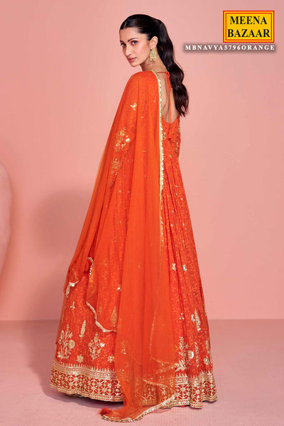 Orange Georgette Embroidered Floor Length Anarkali Gown with Dupatta Elegant Festive & Wedding Wear