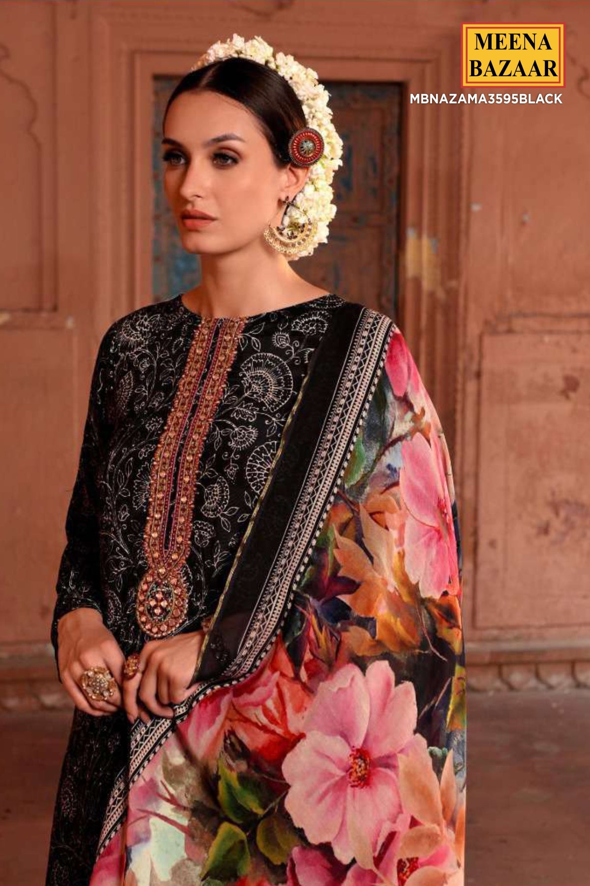 Black Digital Printed Viscose Muslin Unstitched Suit