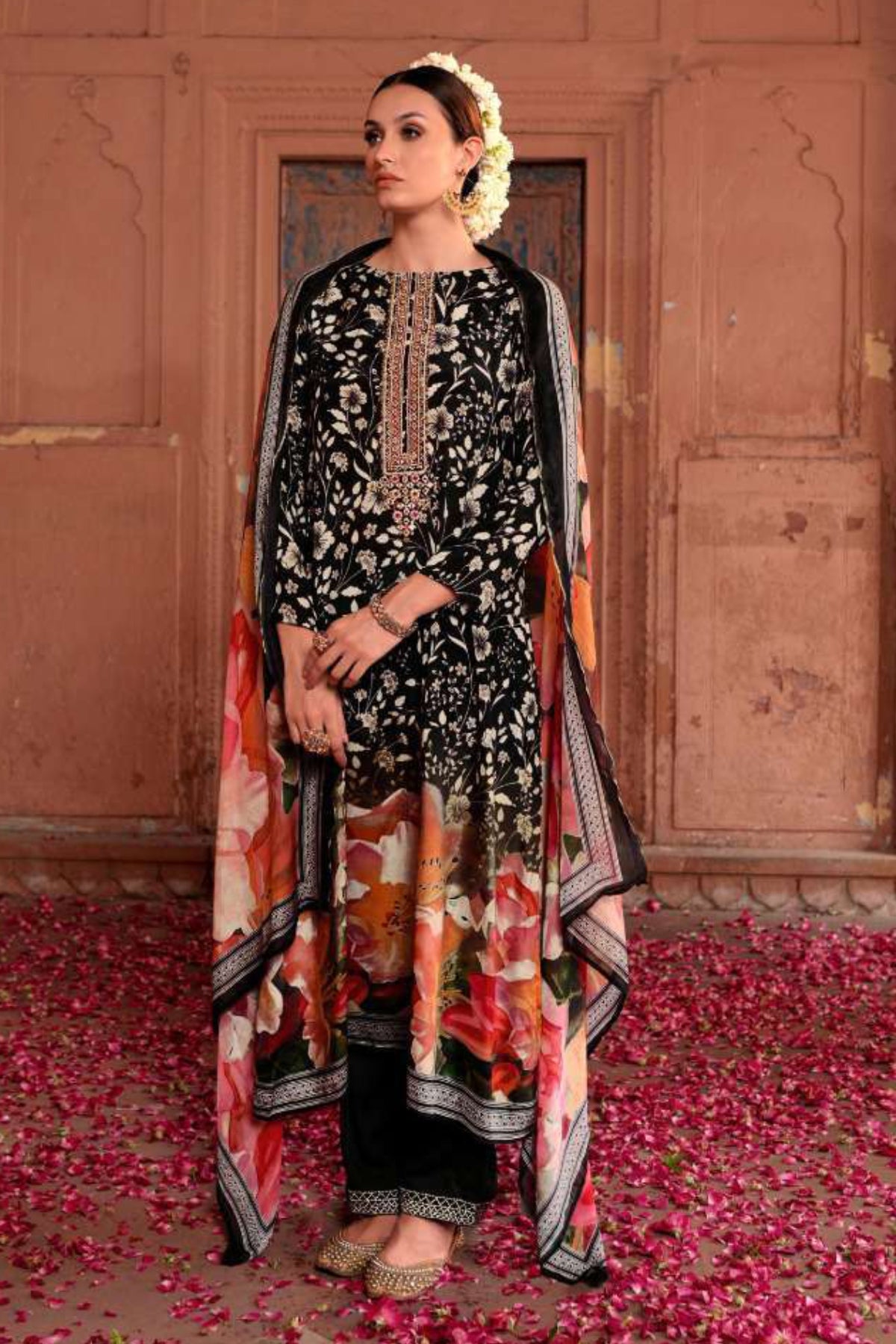 Black Printed Viscose Muslin Unstitched Suit Set