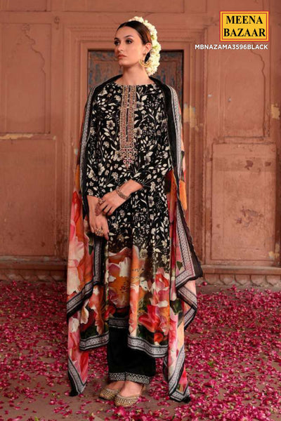 Black Printed Viscose Muslin Unstitched Suit Set