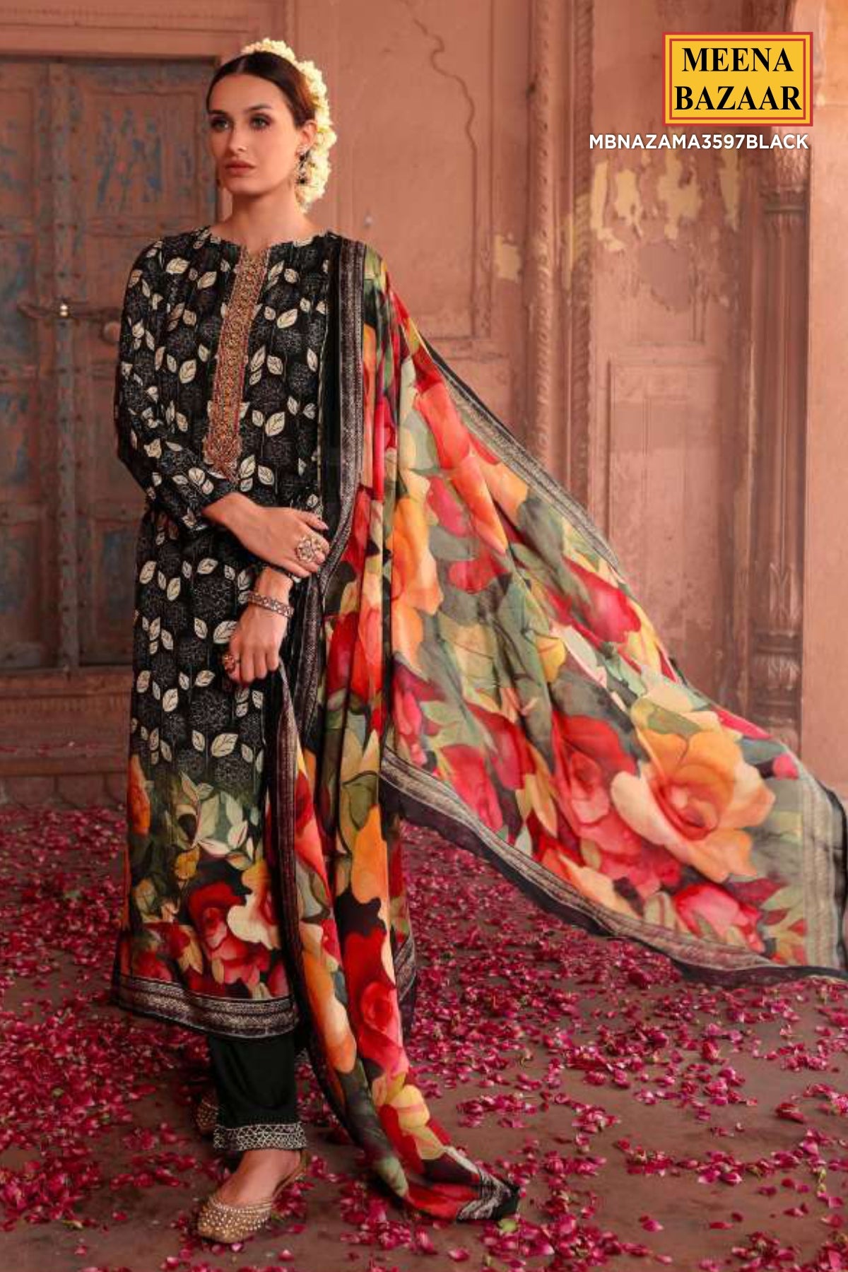 Black Floral Printed Viscose Muslin Unstitched Suit Set