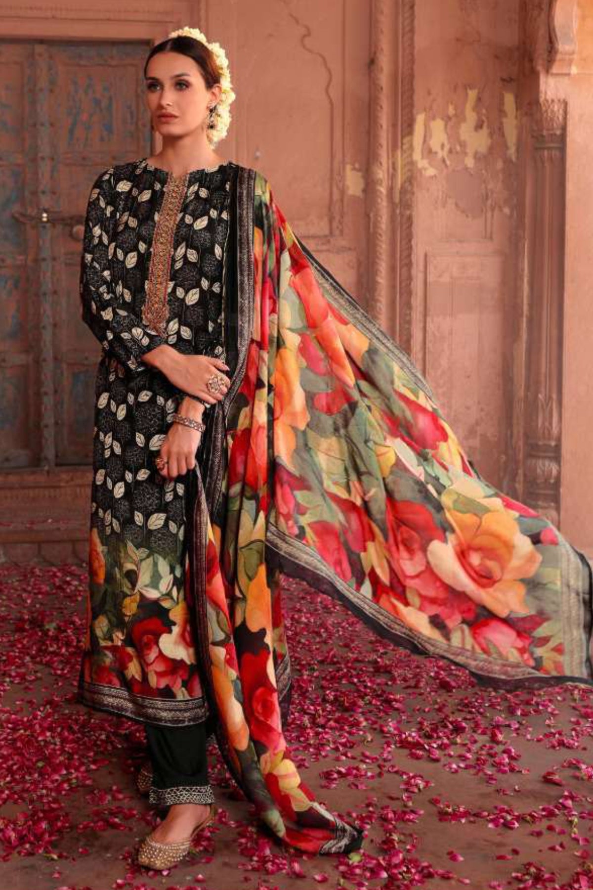 Black Floral Printed Viscose Muslin Unstitched Suit Set