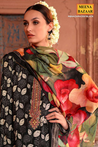 Black Floral Printed Viscose Muslin Unstitched Suit Set