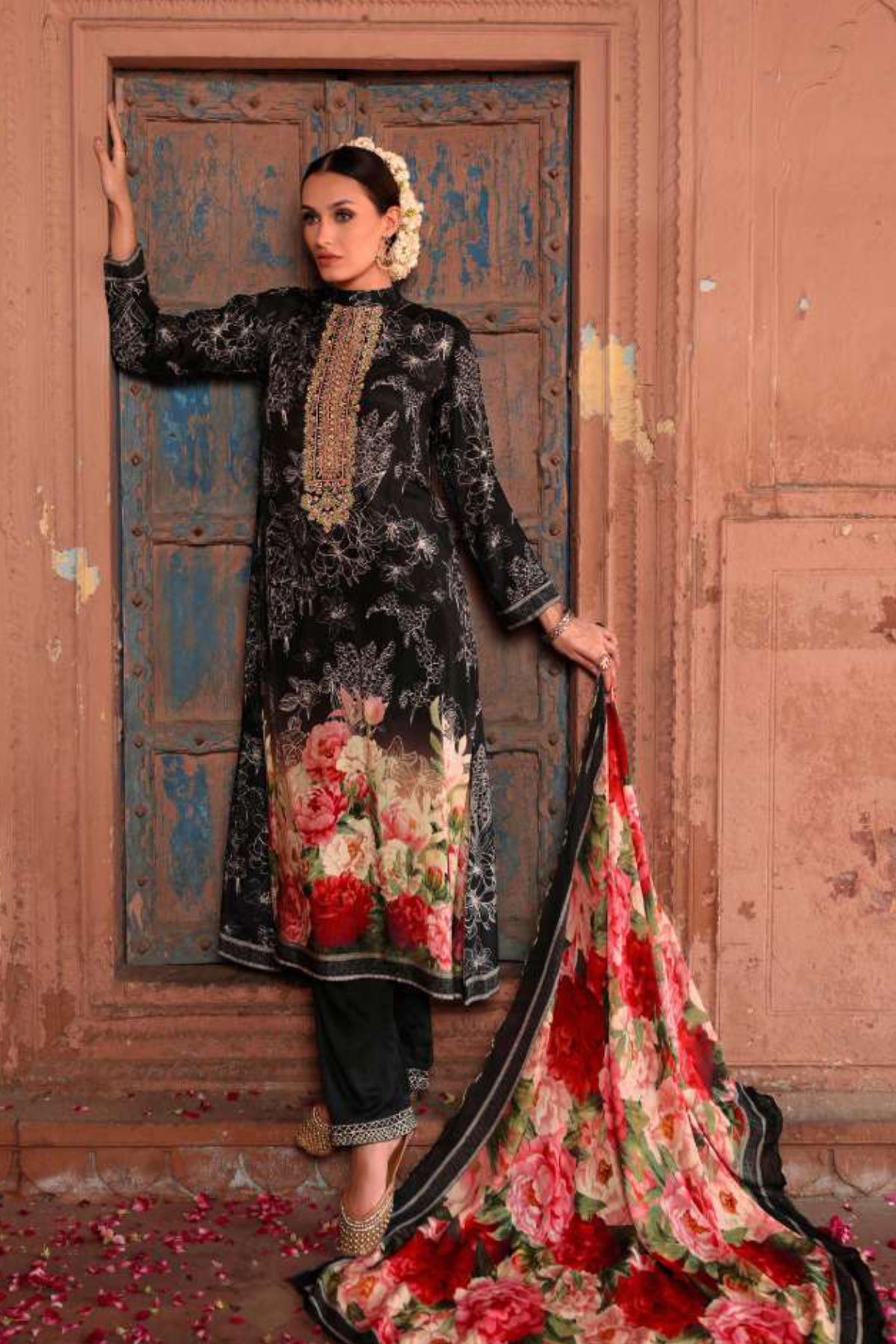 Black Digital Printed Viscose Muslin Embroidered Suit Set