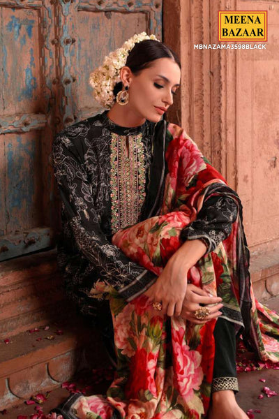 Black Digital Printed Viscose Muslin Embroidered Suit Set