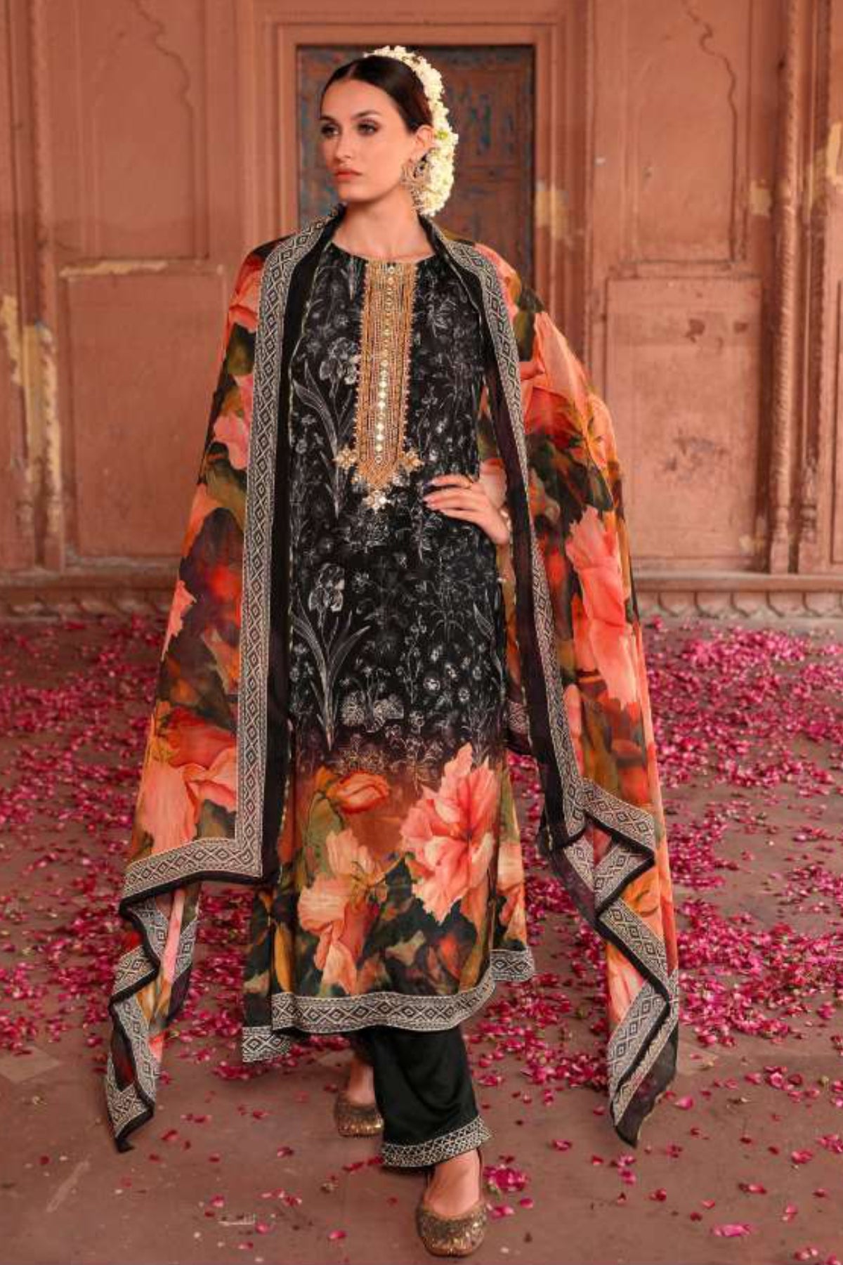 Black Digital Printed Viscose Muslin Embroidered Unstitched Suit Set