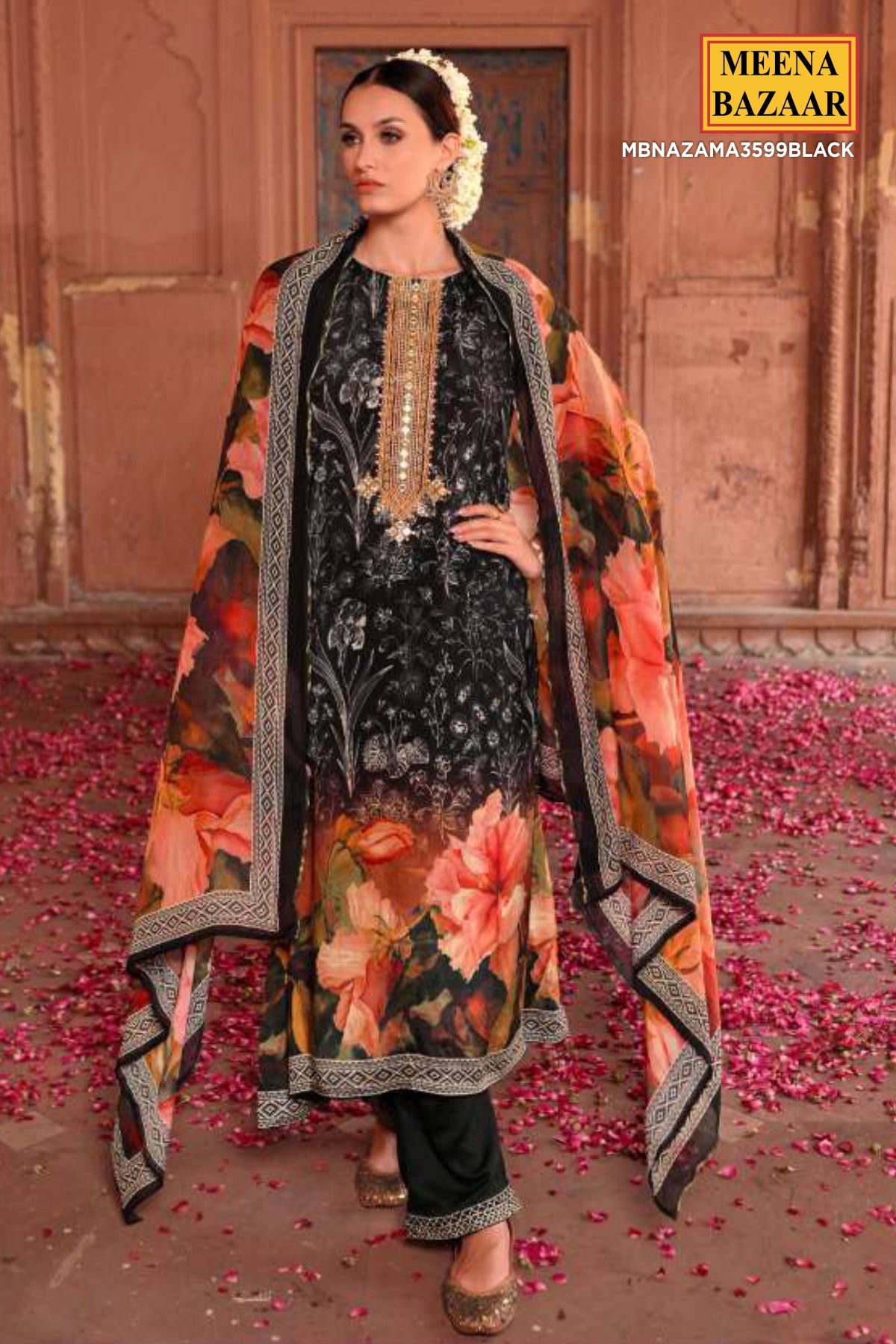 Black Digital Printed Viscose Muslin Embroidered Unstitched Suit Set