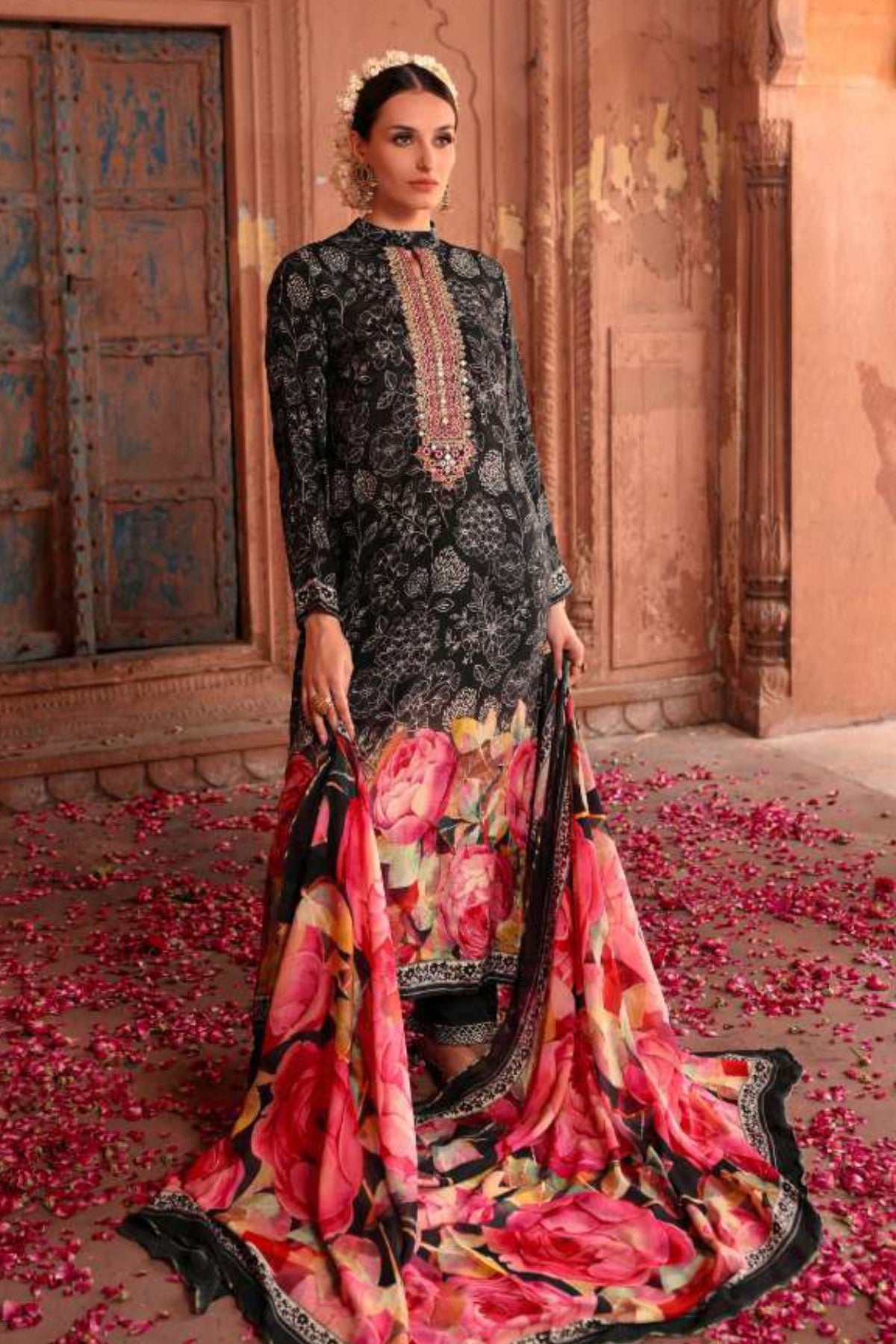 Black Digital Floral Printed Viscose Muslin Suit Set