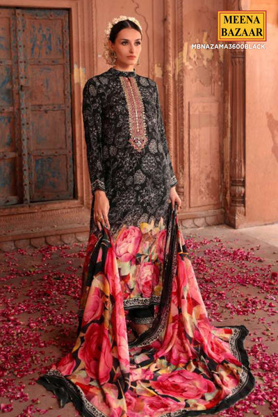 Black Digital Floral Printed Viscose Muslin Suit Set